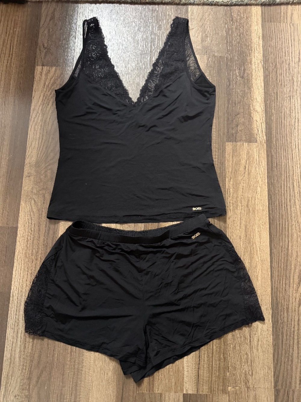 BOSS Hugo Boss Black Lace Camisole & Shorts Pajama Sleepwear Set, Small